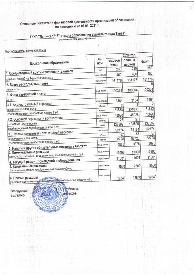 Основные показатели финансовой деятельности на 01января 2021 г.